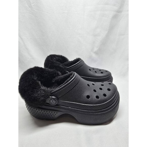 Crocs Stomp Lined Clog Women's Size 9 Black Fuzzy Slip-On Chunky Comfort Shoes - Picture 1 of 15